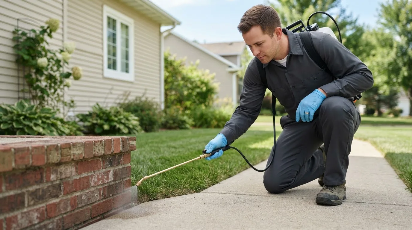 Pest control technician treating a home near Thomasville, PA
