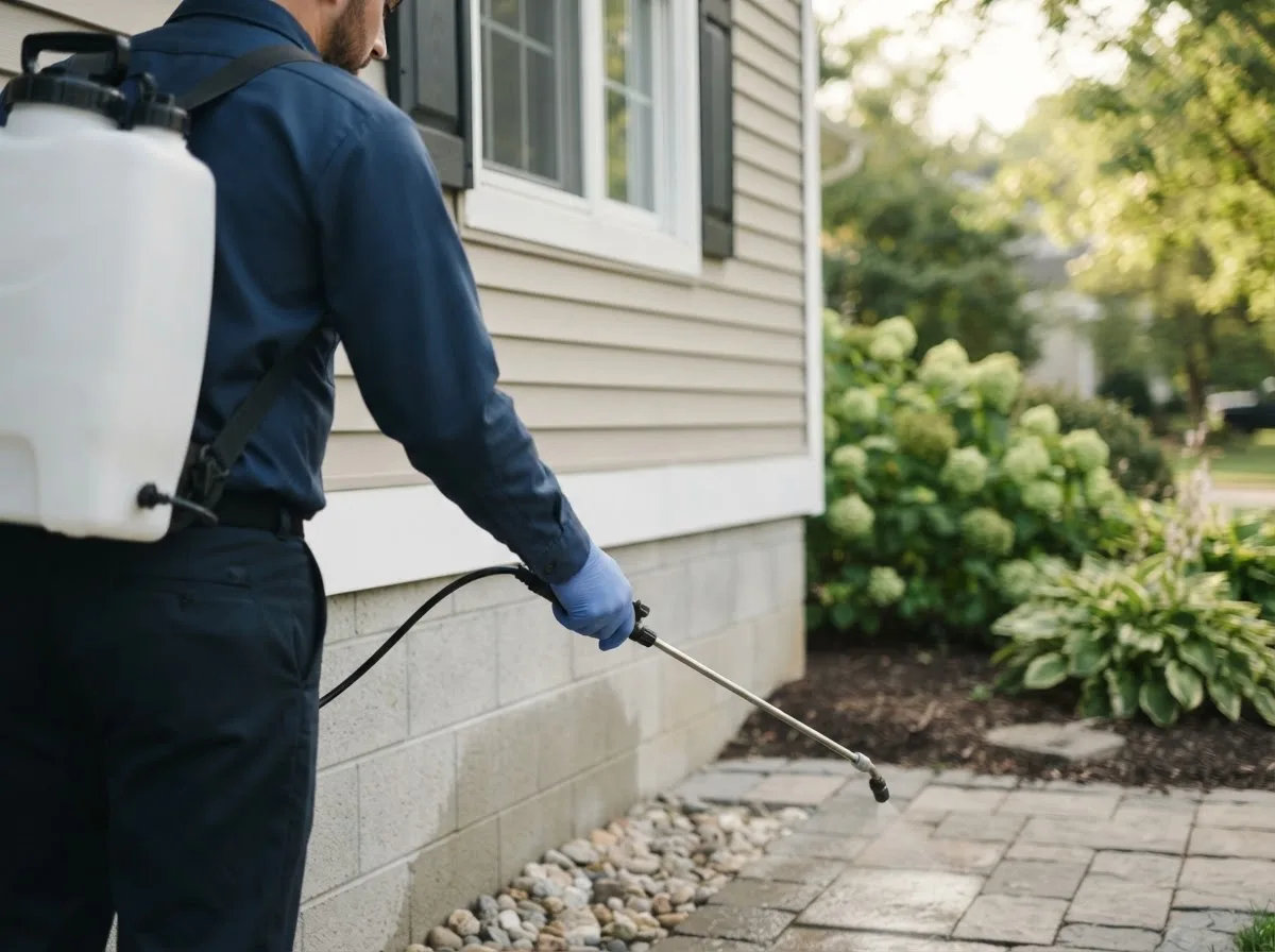 Pest control technician inspecting a home in Thomasville, PA